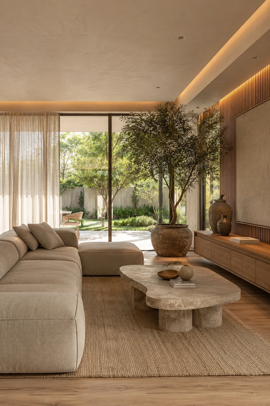 Ambiente interior cálido con materiales naturales