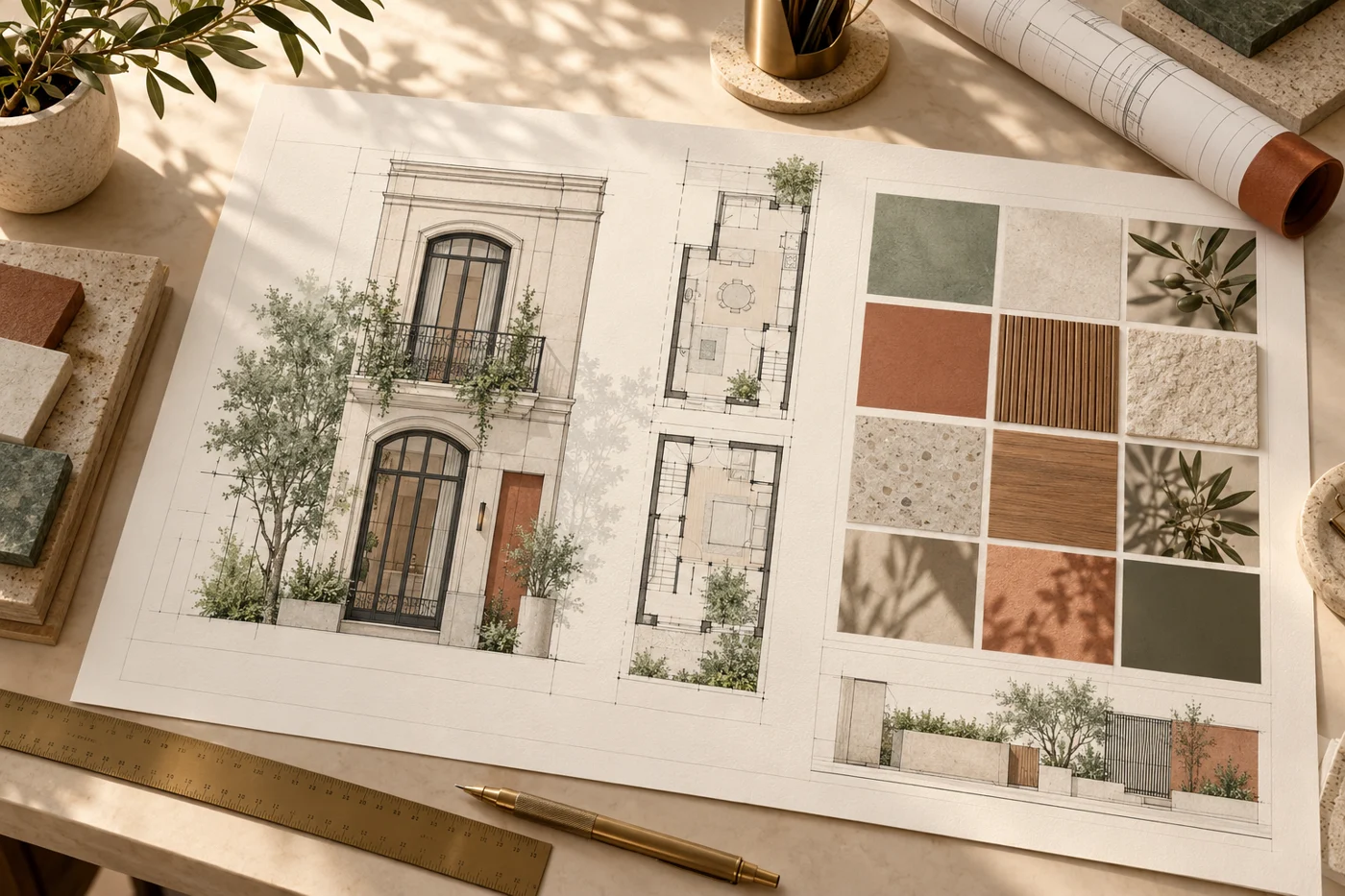 Láminas arquitectónicas organizadas para presentar un proyecto