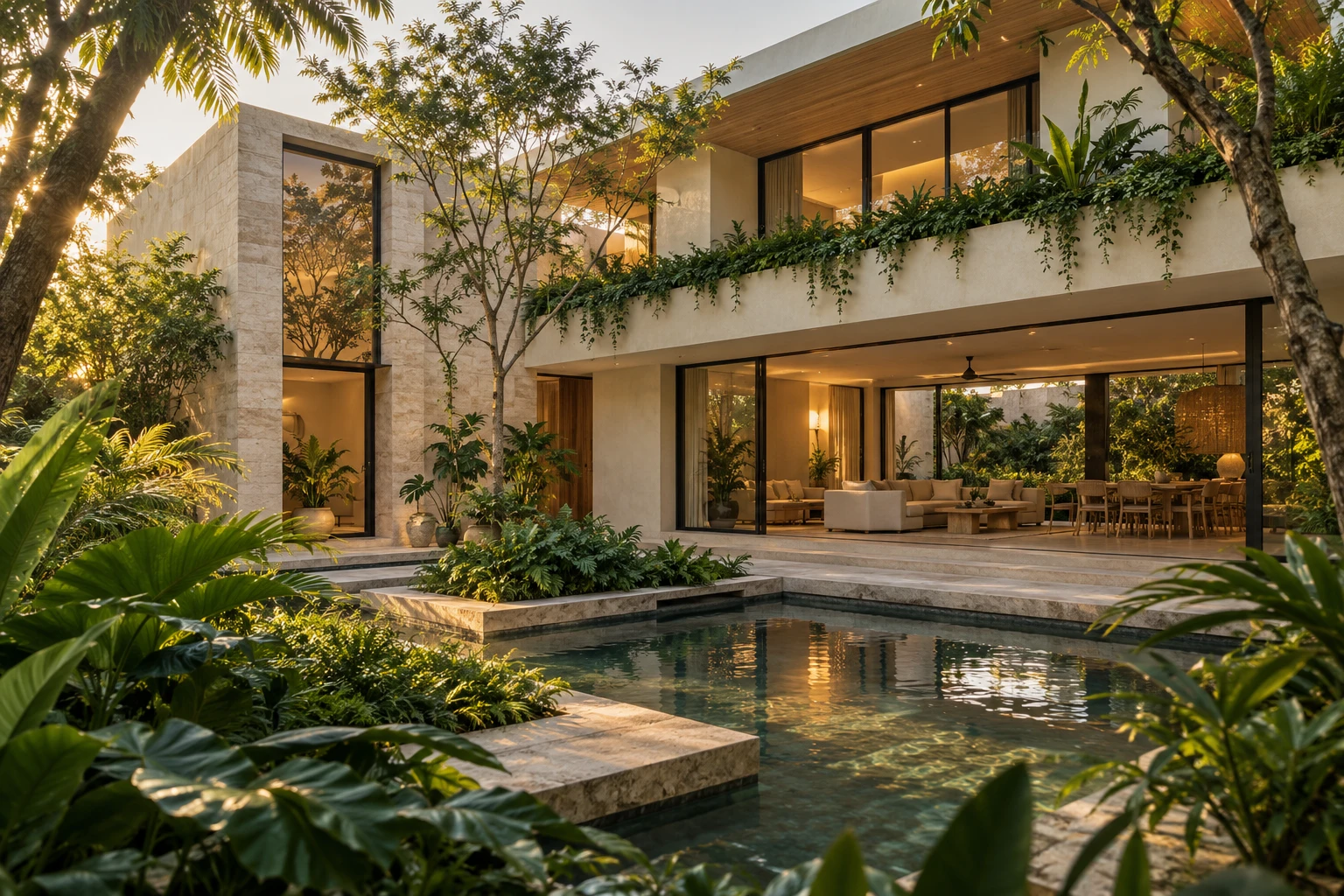 Concepto de una casa contemporánea cálida, con piedra natural, jardín y grandes ventanales
