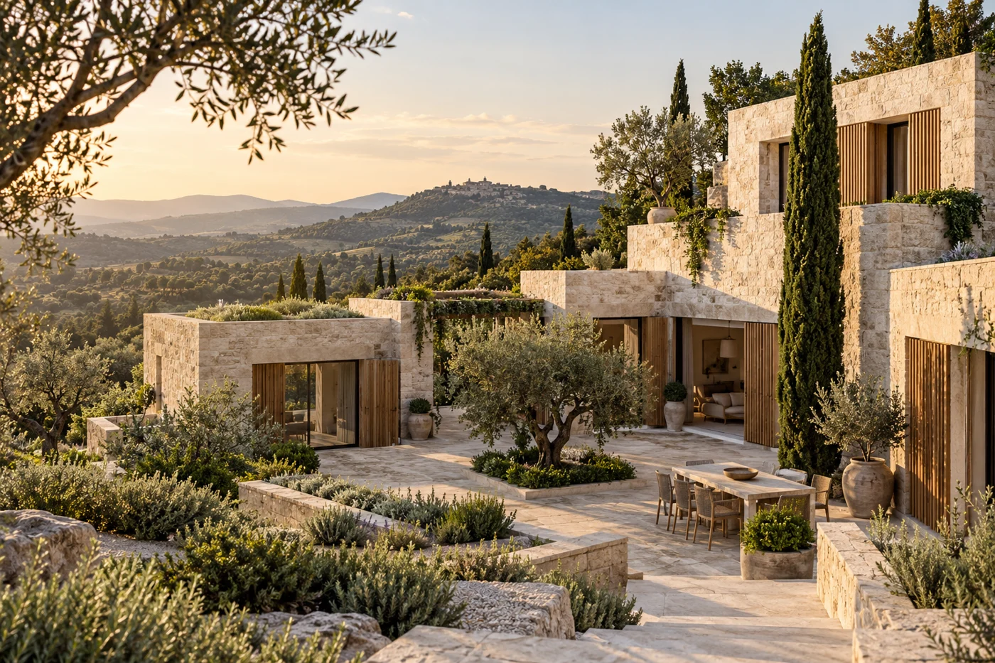 Villa moderna con piedra natural y espacios abiertos